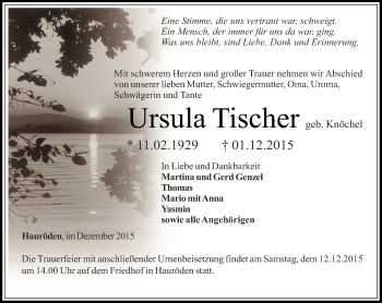 Traueranzeige von Ursula Tischer von Thüringer Allgemeine