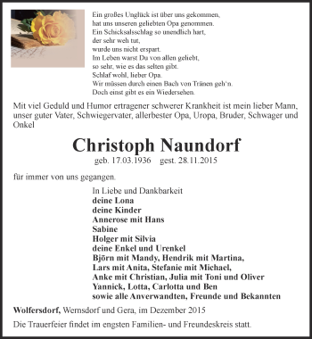 Traueranzeige von Christoph Naundorf von Ostthüringer Zeitung