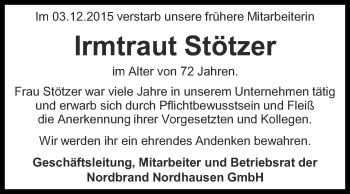 Traueranzeige von Irmtraut Stötzer von Thüringer Allgemeine
