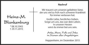 Traueranzeige von Heinz Blankenburg von Thüringer Allgemeine