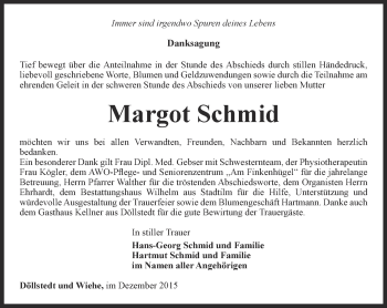 Traueranzeige von Margot Schmid von Thüringer Allgemeine