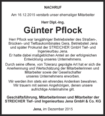 Traueranzeige von Günter Pflock von Ostthüringer Zeitung, Thüringische Landeszeitung