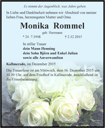 Traueranzeige von Monika Rommel von Thüringer Allgemeine