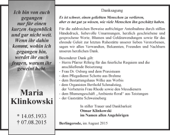 Traueranzeige von Maria Klinkowski von Thüringer Allgemeine