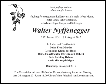 Traueranzeige von Walter Nyffenegger von Ostthüringer Zeitung, Thüringische Landeszeitung