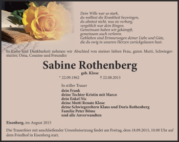 Traueranzeige von Sabine Rothenberg von Ostthüringer Zeitung