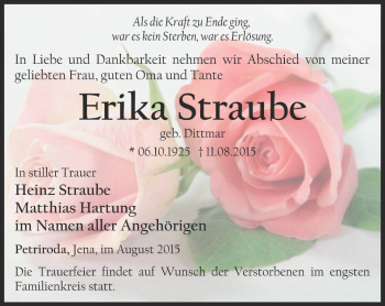 Traueranzeige von Erika Straube von Ostthüringer Zeitung, Thüringische Landeszeitung