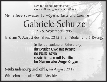 Traueranzeige von Gabriele Schulze von Ostthüringer Zeitung, Thüringische Landeszeitung