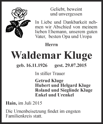 Traueranzeige von Waldemar Kluge von Ostthüringer Zeitung