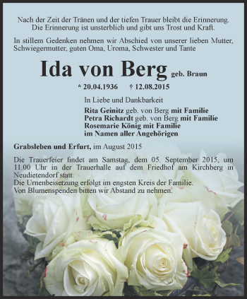 Traueranzeige von Ida von Berg von Thüringer Allgemeine, Thüringische Landeszeitung