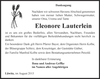 Traueranzeige von Eleonore Lauterlein von Ostthüringer Zeitung