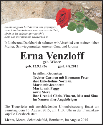 Traueranzeige von Erna Venzloff von Ostthüringer Zeitung