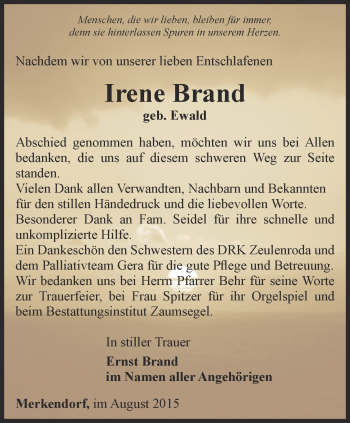 Traueranzeige von Irene Brand von Ostthüringer Zeitung