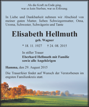 Traueranzeige von Elisabeth Hellmuth von Thüringer Allgemeine