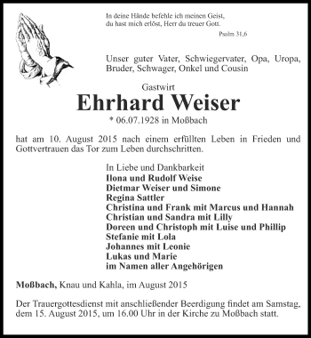 Traueranzeige von Erhard Weiser von Ostthüringer Zeitung