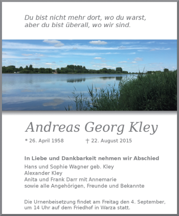 Traueranzeige von Andreas Georg Kley von Ostthüringer Zeitung, Thüringische Landeszeitung