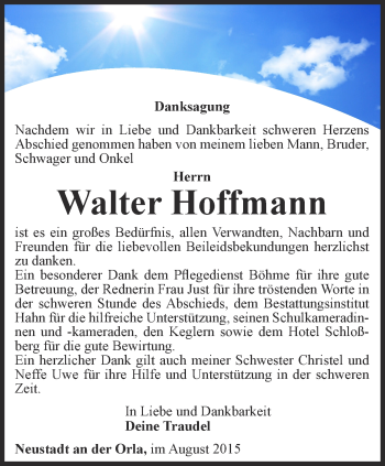 Traueranzeige von Walter Hoffmann von Ostthüringer Zeitung
