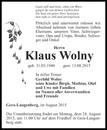 Traueranzeige von Klaus Wolny von Ostthüringer Zeitung