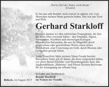 Traueranzeige von Gerhard Starkloff von Ostthüringer Zeitung