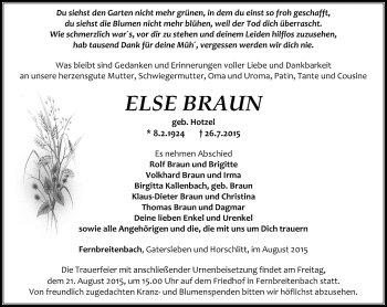 Traueranzeige von Else Braun von Thüringer Allgemeine, Thüringische Landeszeitung