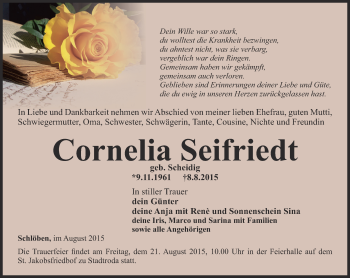 Traueranzeige von Cornelia Seifriedt von Thüringer Allgemeine, Thüringische Landeszeitung
