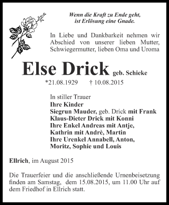 Traueranzeige von Else Drick von Thüringer Allgemeine