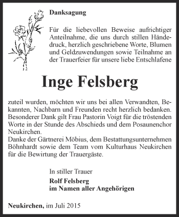 Traueranzeige von Inge Felsberg von Thüringer Allgemeine, Thüringische Landeszeitung