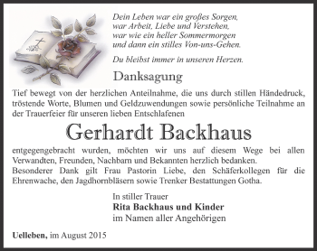 Traueranzeige von Gerhardt Backhaus von Ostthüringer Zeitung, Thüringische Landeszeitung