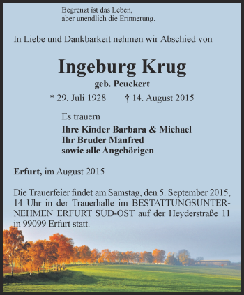 Traueranzeige von Ingeburg Krug von Thüringer Allgemeine, Thüringische Landeszeitung