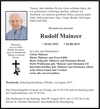 Traueranzeige von Rudolf Mainzer von Thüringer Allgemeine