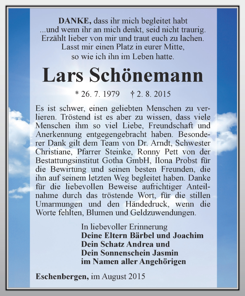  Traueranzeige für Lars Schönemann vom 15.08.2015 aus Ostthüringer Zeitung, Thüringische Landeszeitung