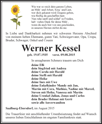 Traueranzeige von Werner Kessel von Ostthüringer Zeitung