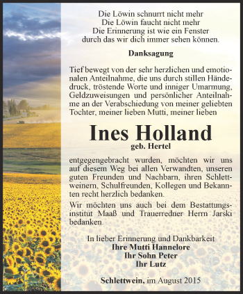 Traueranzeige von Ines Holland von Ostthüringer Zeitung