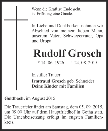 Traueranzeige von Rudolf Grosch von Ostthüringer Zeitung, Thüringische Landeszeitung