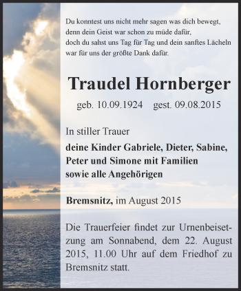 Traueranzeige von Traudel Hornberger von Ostthüringer Zeitung