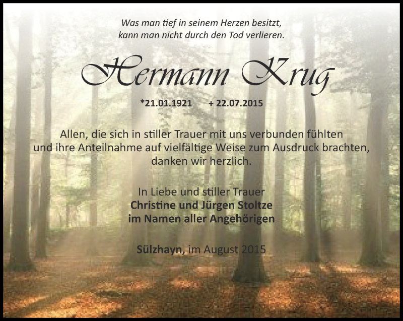  Traueranzeige für Hermann Krug vom 08.08.2015 aus Thüringer Allgemeine