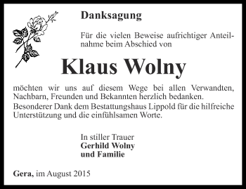 Traueranzeige von Klaus Wolny von Ostthüringer Zeitung