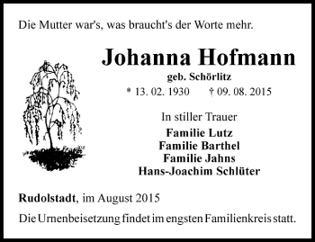 Traueranzeige von Johanna Hofmann von Ostthüringer Zeitung