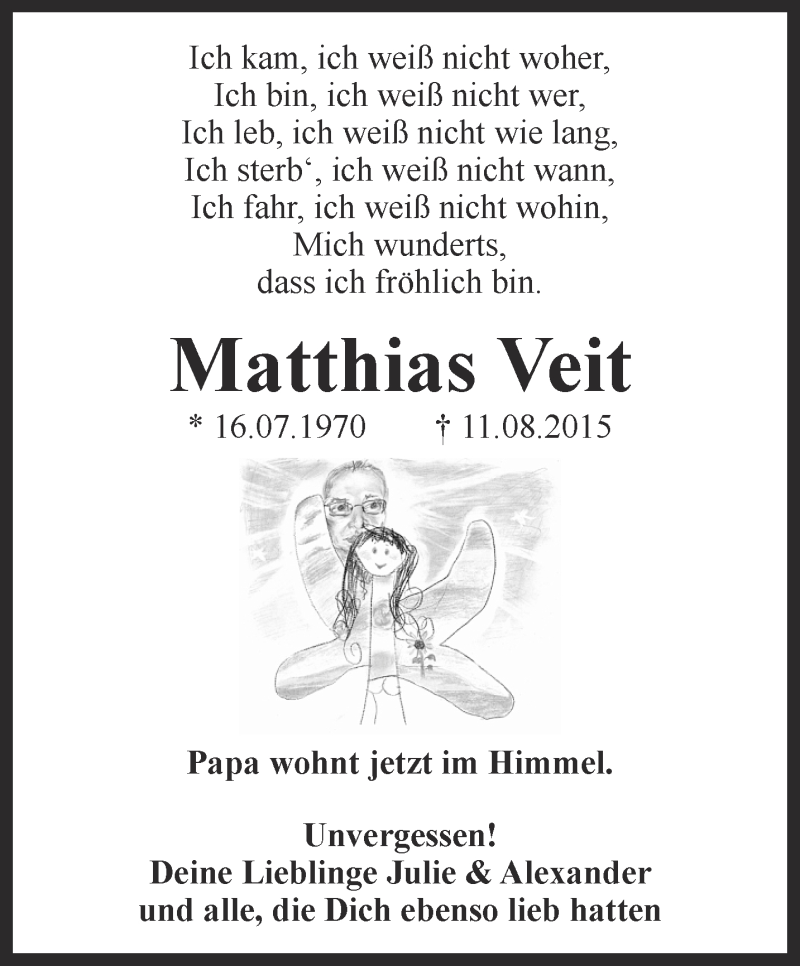  Traueranzeige für Matthias Veit vom 18.08.2015 aus Thüringer Allgemeine