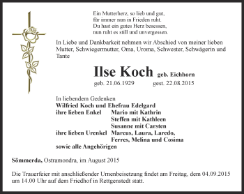 Traueranzeige von Ilse Koch von Thüringer Allgemeine