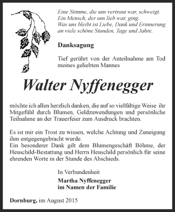 Traueranzeige von Walter Nyffenegger von Ostthüringer Zeitung, Thüringische Landeszeitung