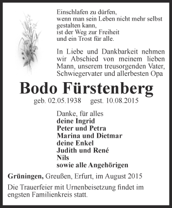 Traueranzeige von Bodo Fürstenberg von Thüringer Allgemeine