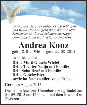 Traueranzeige von Andrea Konz von Ostthüringer Zeitung
