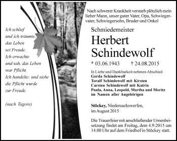 Traueranzeige von Herbert Schindewolf von Thüringer Allgemeine