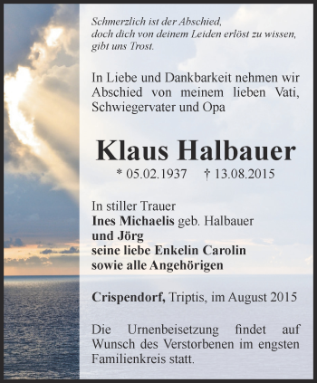 Traueranzeige von Klaus Halbauer von Ostthüringer Zeitung