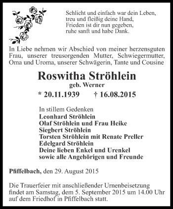 Traueranzeige von Roswitha Ströhlein von Thüringer Allgemeine, Thüringische Landeszeitung