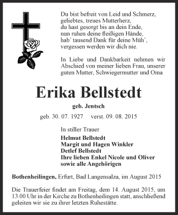 Traueranzeige von Erika Bellstedt von Thüringer Allgemeine, Thüringische Landeszeitung