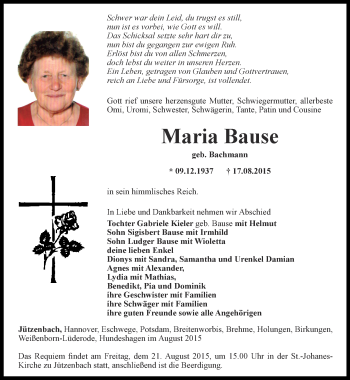 Traueranzeige von Maria Bause von Thüringer Allgemeine