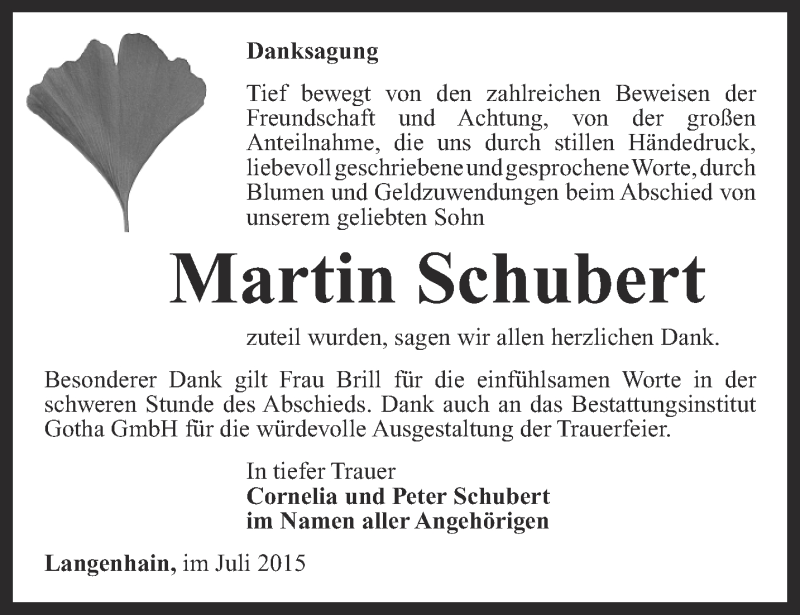  Traueranzeige für Martin Schubert vom 05.08.2015 aus Ostthüringer Zeitung, Thüringische Landeszeitung