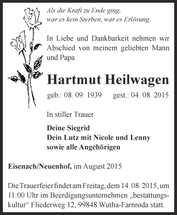 Traueranzeige von Hartmut Heilwagen von Thüringer Allgemeine, Thüringische Landeszeitung